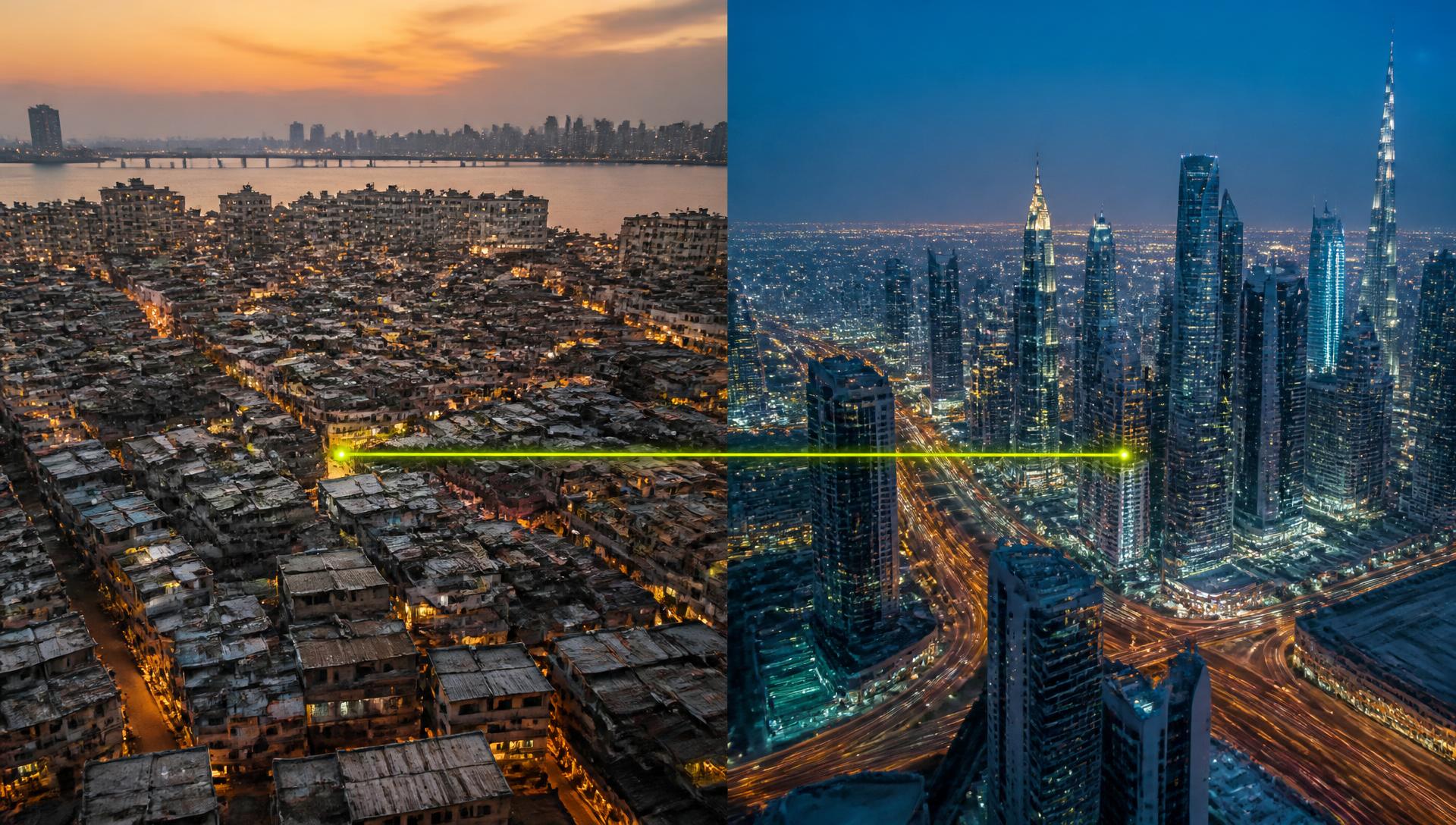 Aerial split view — Indian rooftops on the left, Gulf skyline on the right, connected by a lime line.