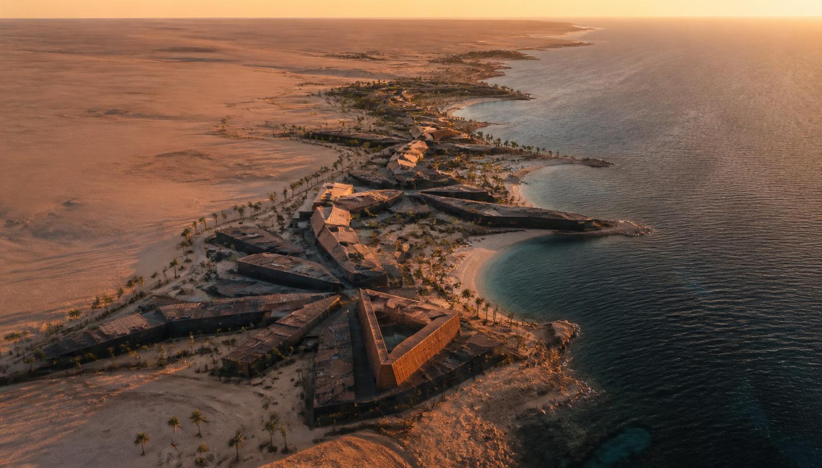 Aerial view of a Gulf coastline where warm sand meets deep blue sea and a geometric coastal district.