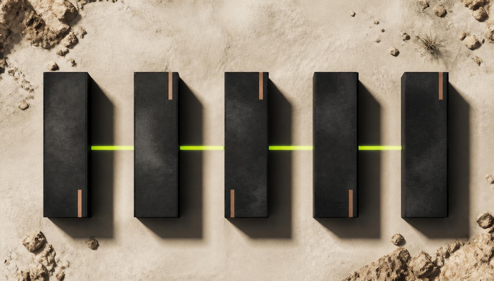 Five monolithic dark slabs on warm sand connected by a lime line — the five stages of the venture engine.